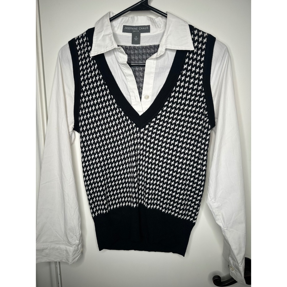 Josephine Chaus Petite Houndstooth Sweater Vest Layered Shirt Top Black White S